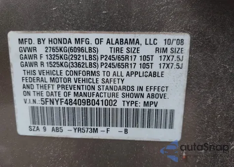 2009 Honda Pilot Ex z USA, uszkodzony, nr VIN 5FNYF48409B041002